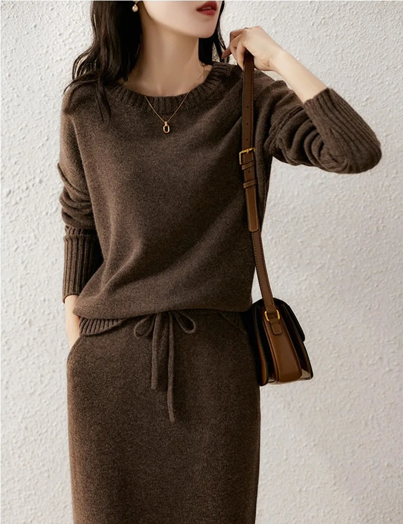 Autumn Women Sweater Two Piece Set Knitted Sets Solid Casual O Neck Long Sleeve Pullover TopElastic Waist Midi Skirt Suit 240401
