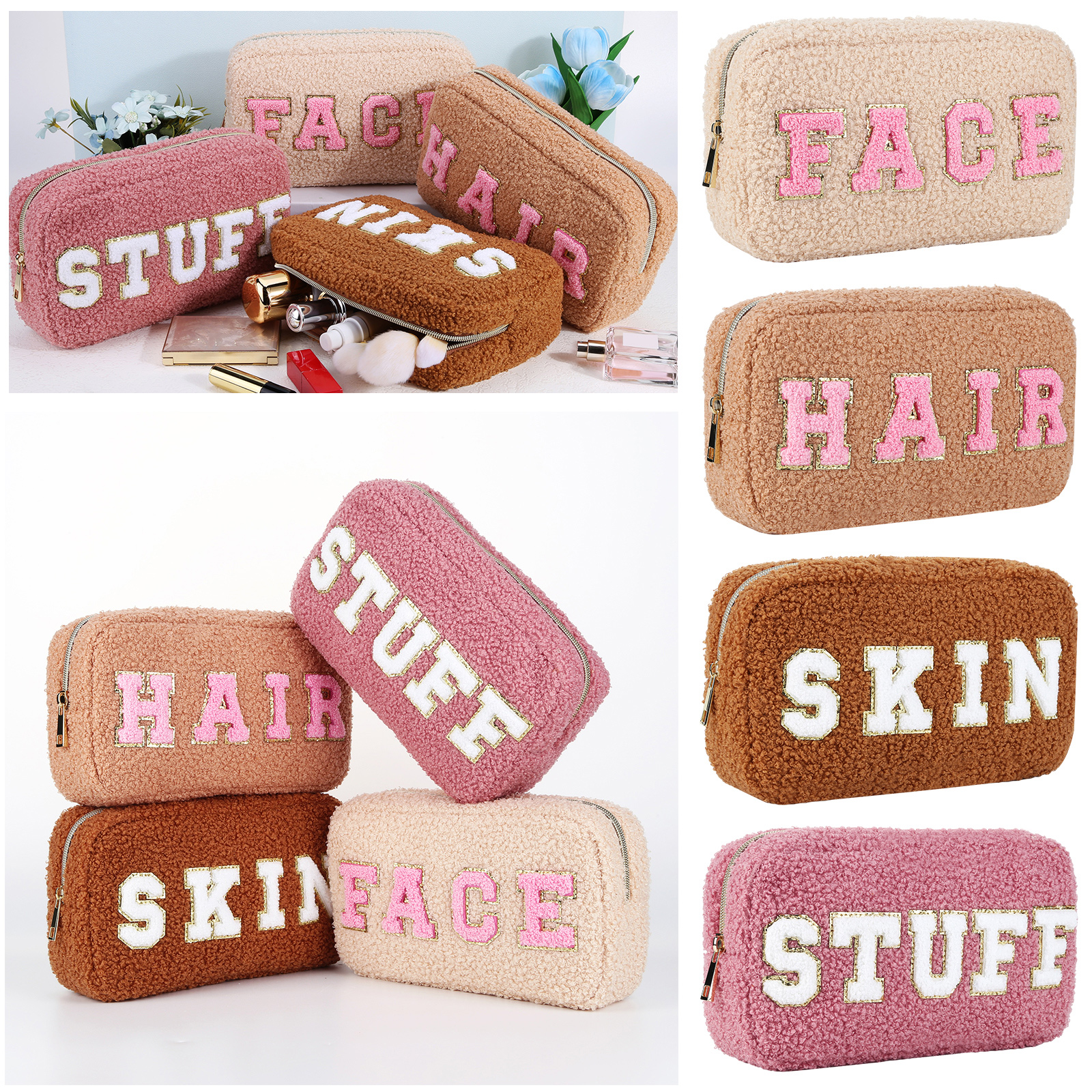 Preppy Fluffy Cosmetic Chenille Letter Organizer New Storage Bag Travel Makeup Pouch Gift for Women and Girls