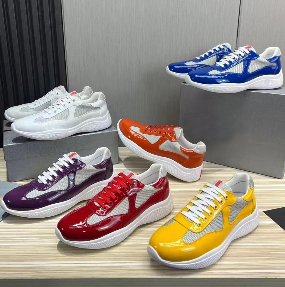 Designer men's America cup leather sports shoes fashion patent leather woven low top shoes black mesh lace up casual shoes outdoor runner trainers Cup shoes