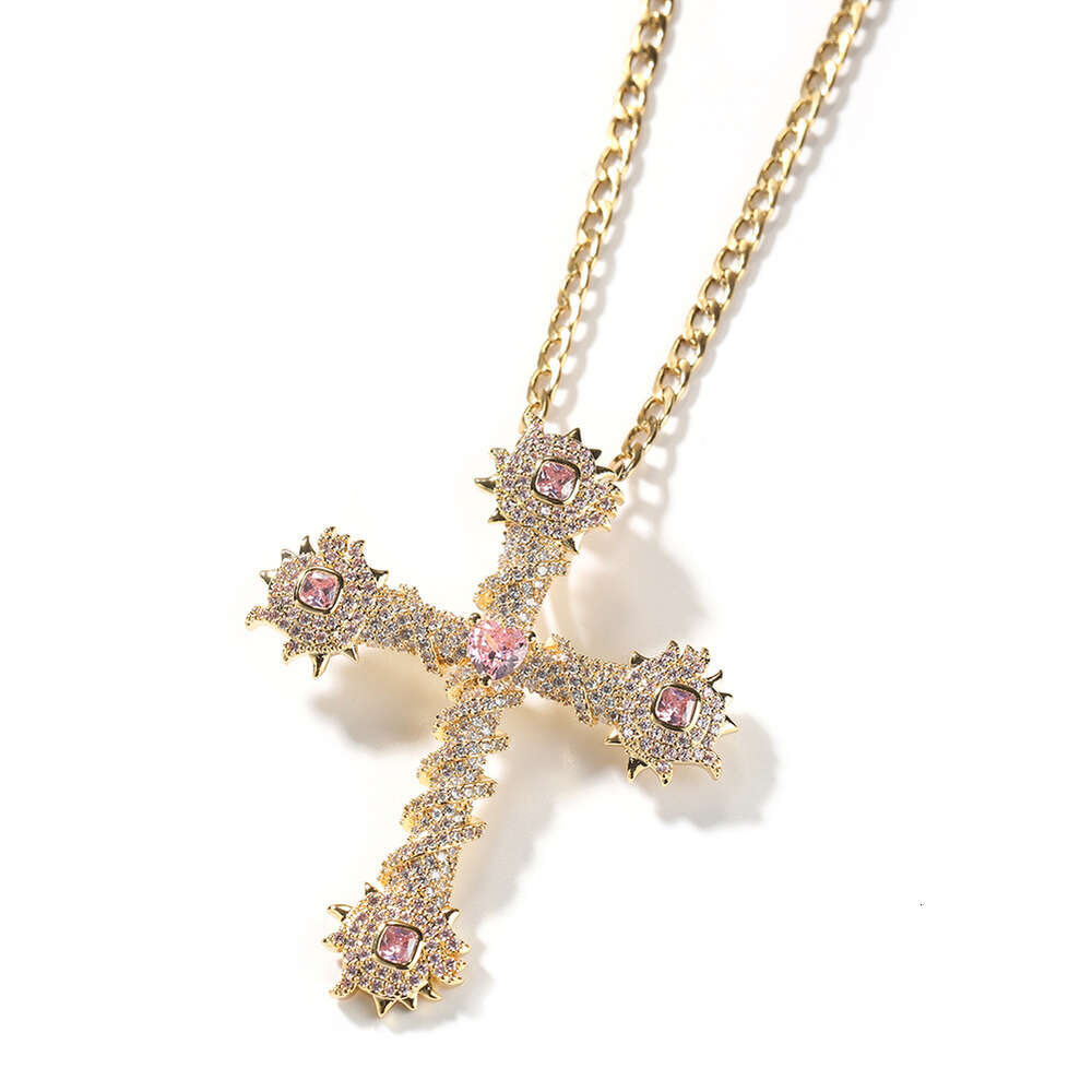 Top Quality Rock Wolf Tide TrendyPink Love Cross Pendant Hip Hop Necklace Copper Plating with Diamond for Mens Necklace Jewelry Bling Bling Gemstone B