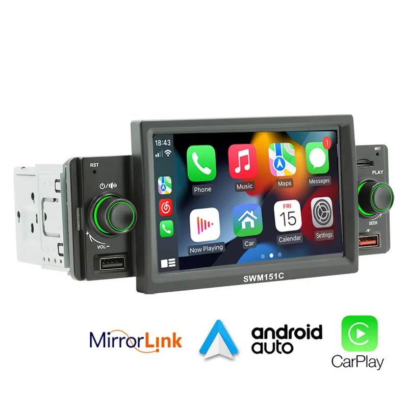 1 Din Car Radio CarPlay Android-Auto 5 Inch MP5 Player Bluetooth Hands Free A2DP USB FM Receiver Audio System Head Unit SWM151C
