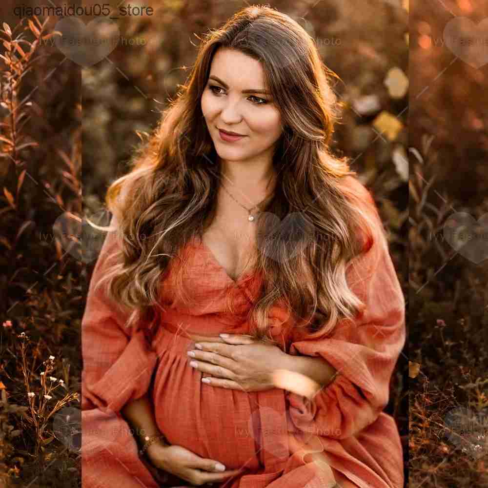 Maternity Dresses Linen Cotton Pregnant Women Bohemian Two Piece Photo Shooting Props Womens Dress Retro Top and Tight Baby Shower Q240413