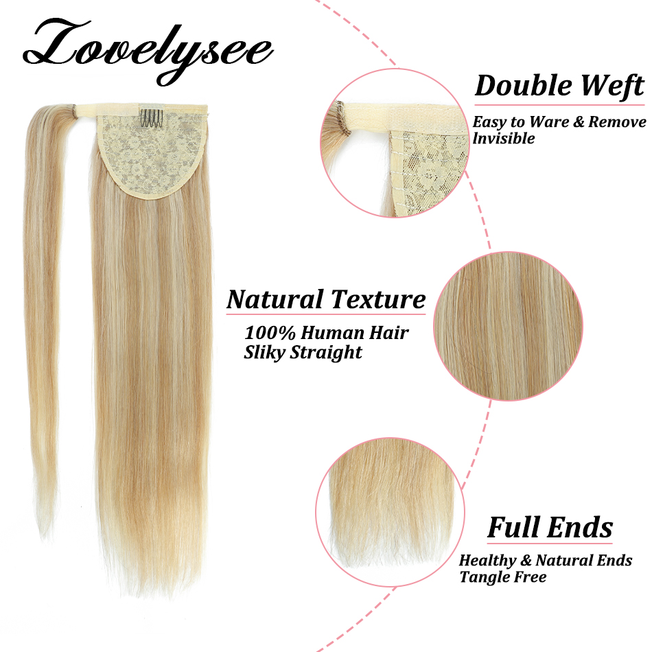 90G Ponytail Human Hair Extensions Wrap On Hair Clip Straight Brazilian Remy Hair Extensions Ombre Blonde Pony Tail For Women