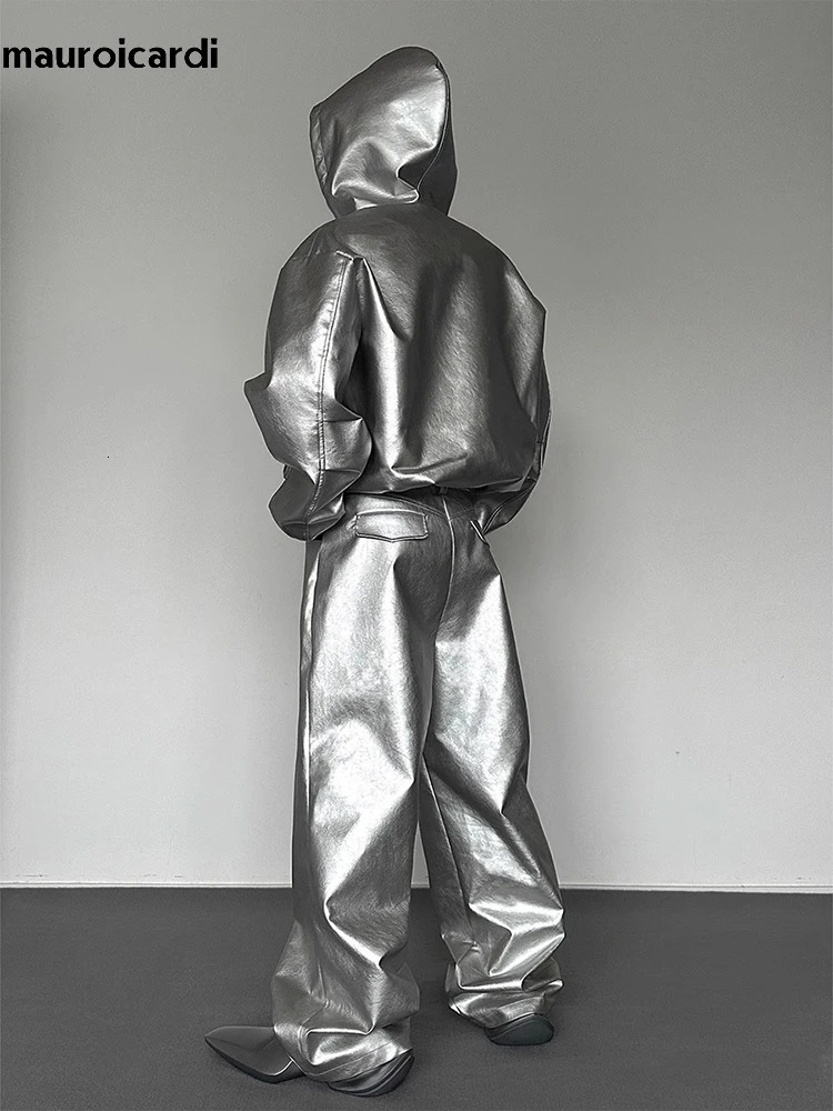 Mauroicardi Autumn Ultra Thin Waterproof Silver Pu Leather Jacket Mens Hooded Zipper Y2K Street Clothing 241112