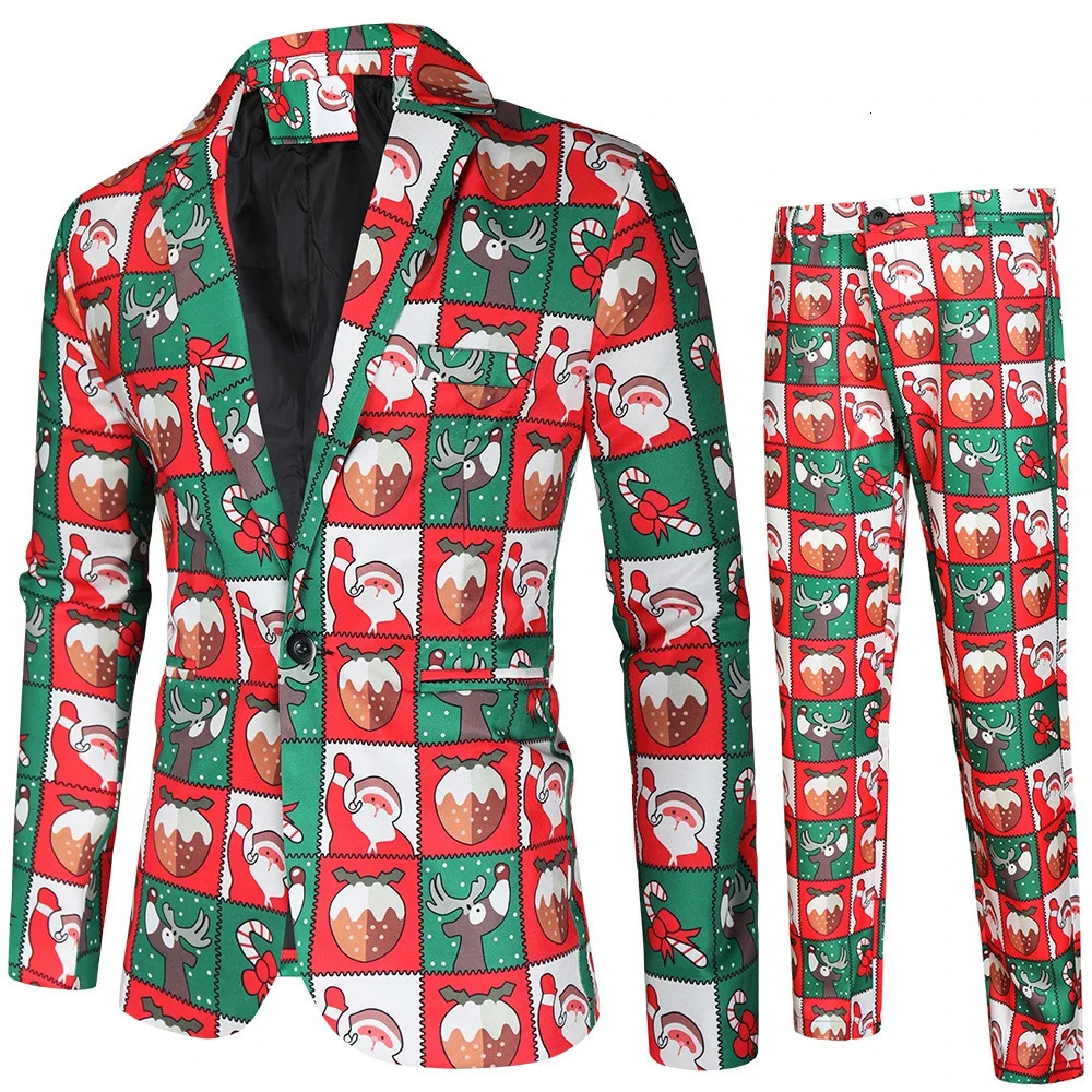 X-mas Snowflake Printing Mens Suit Sets Fashion Party Stage 2 Piece Suits for Men Blazer and Pants Christmas Costume Clothes 4XL 241113