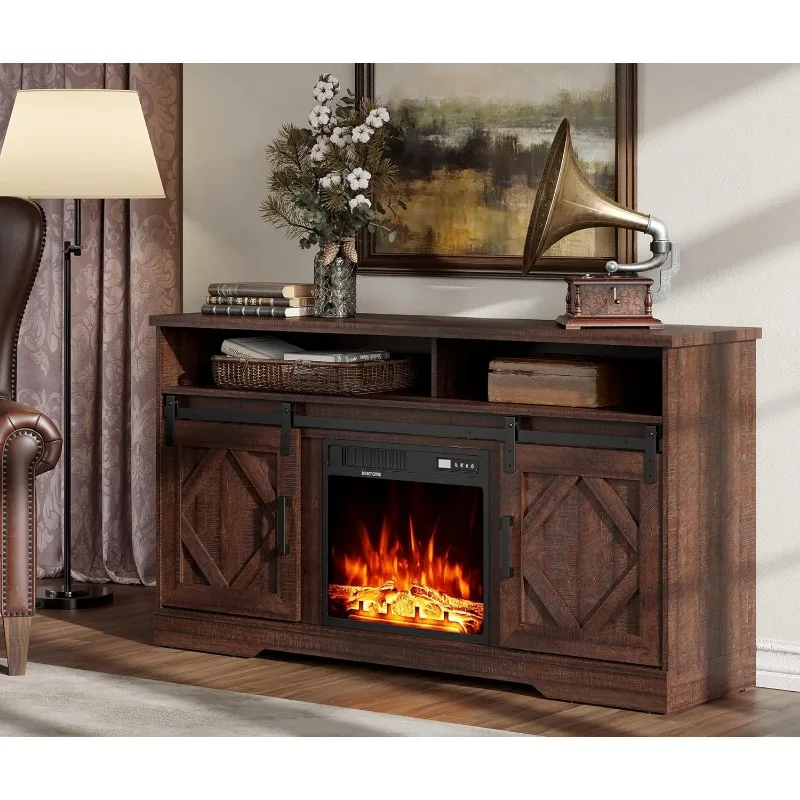 Farmhouse Wood Electric Fireplace TV Console, Entertainment Center with Storage, Sliding Door&Adjustable Shelf for Living Room