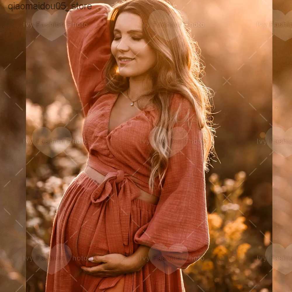 Maternity Dresses Linen cotton maternity dress for photo shooting two-piece set cotton maternity swimsuit Bohemian maternity dress Q240413
