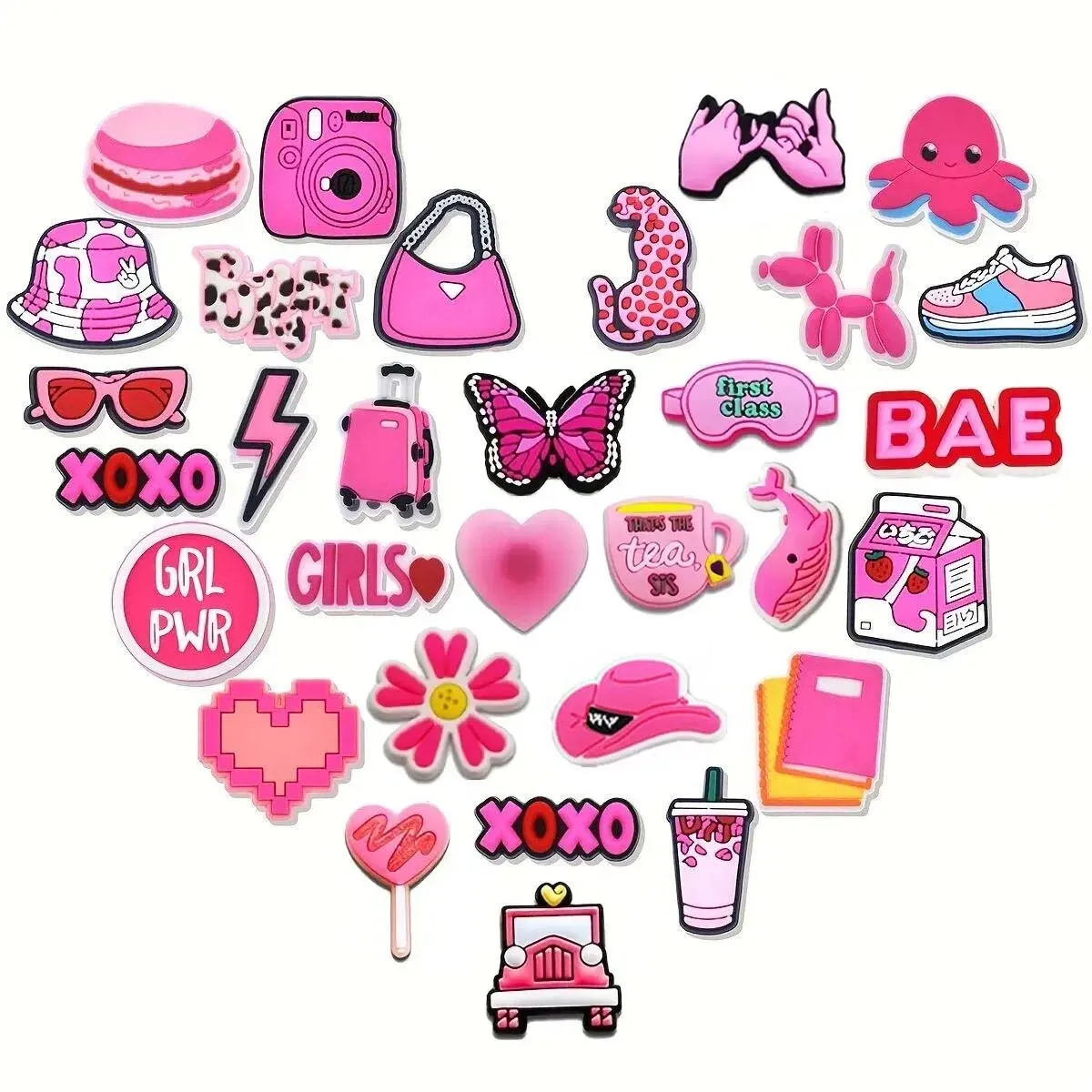 31pcs Pink Valentine Shoe Charms Set For Clogs Bogg Bag Bubble Slides Sandals, PVC Shoe Decorations Beach Bag Accessories Gift I