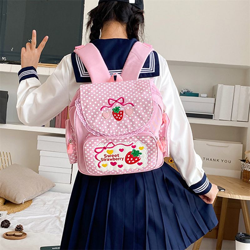 Japanese Schlool Bags Backpack Kids Cute Soft Girl Sweet Lovely Embroidered Fruit Strawberry Lace Girl Student Schoolbag Girl