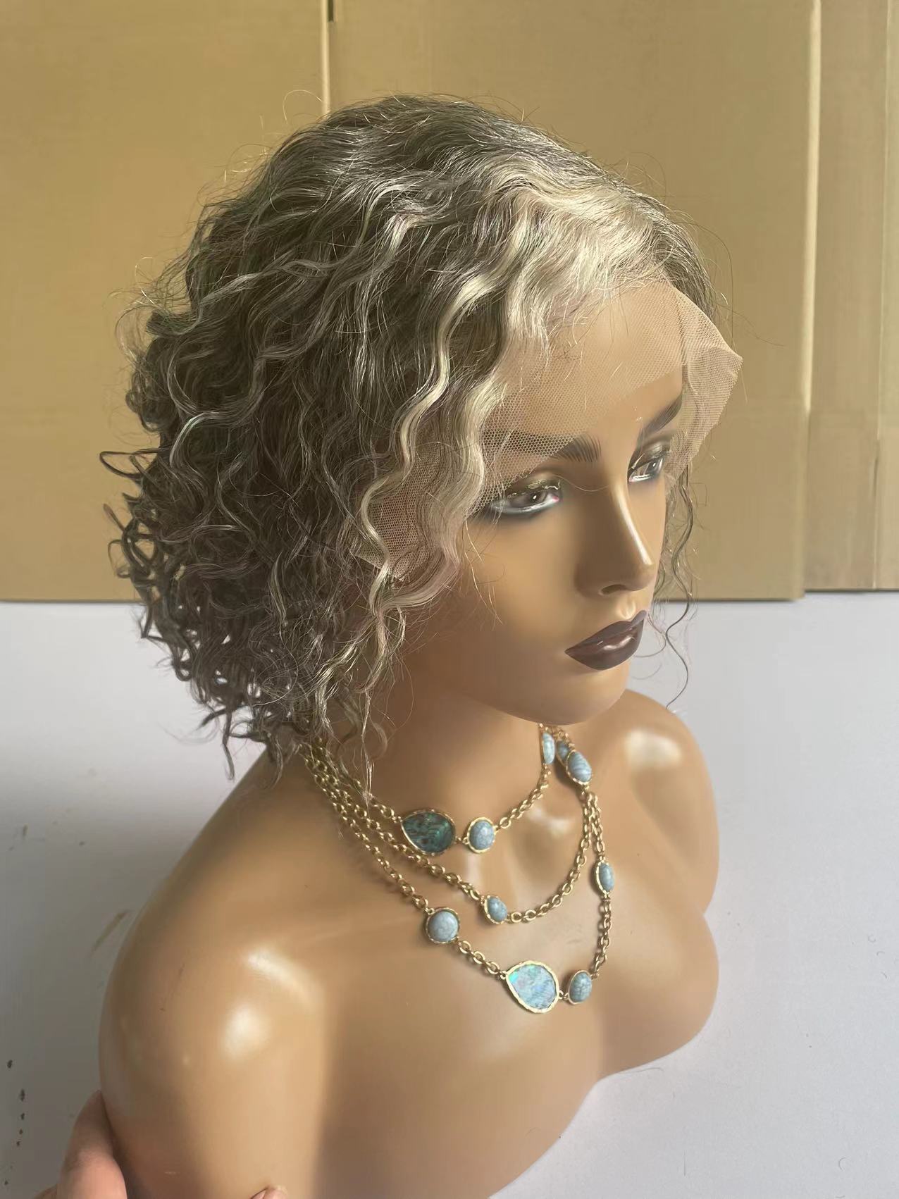 Salt and pepper curly bob Gray wigs human hair grey lace front wig
