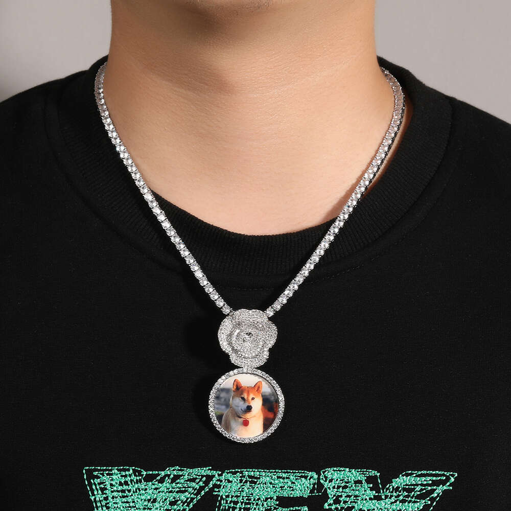 Top Quality Hip Hop Trendy Hip Hop Pendant Copper Cubic Zirconia Round Diy Photo Pendant Rose Button Diamond Jewelry Bling Crystal Rapper jewelry Coll
