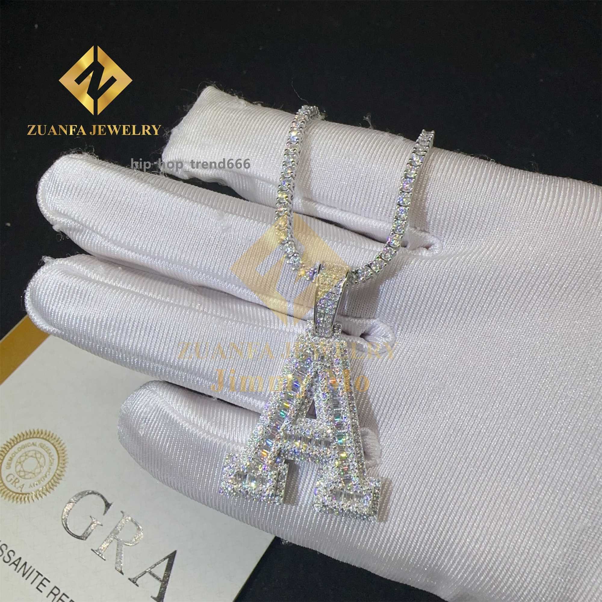 Fashion Hip Hop Jewelry Drop Shipping 925 Solid Silver VVS1 Baguette Moissanite Diamond A-Z Initial Letter Pendant Necklace Men
