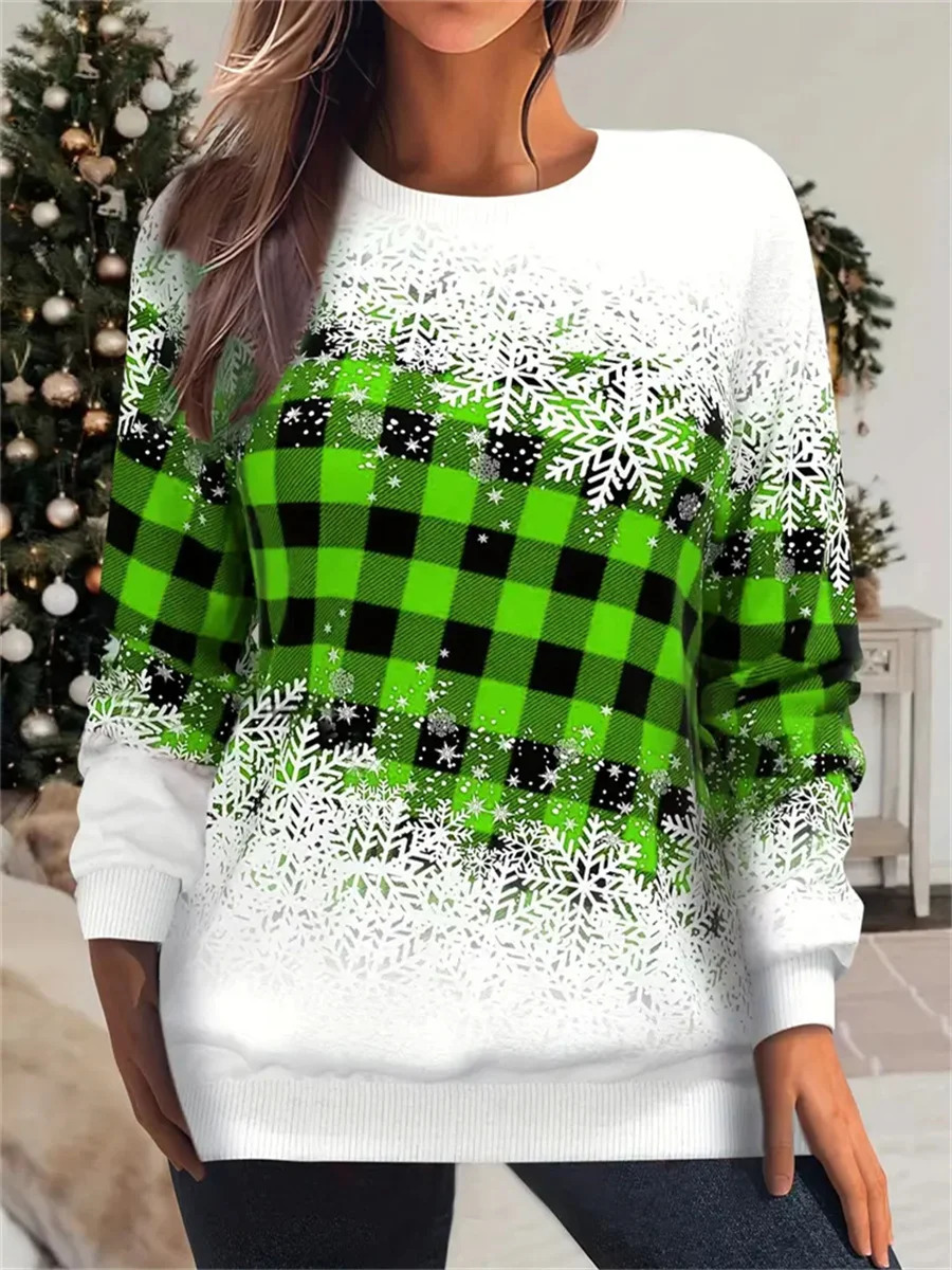 Christmas Snowflake and Checkered Womens Autumn/Winter Printed Long Sleeve Round Neck Hoodie Large Sweater 241113