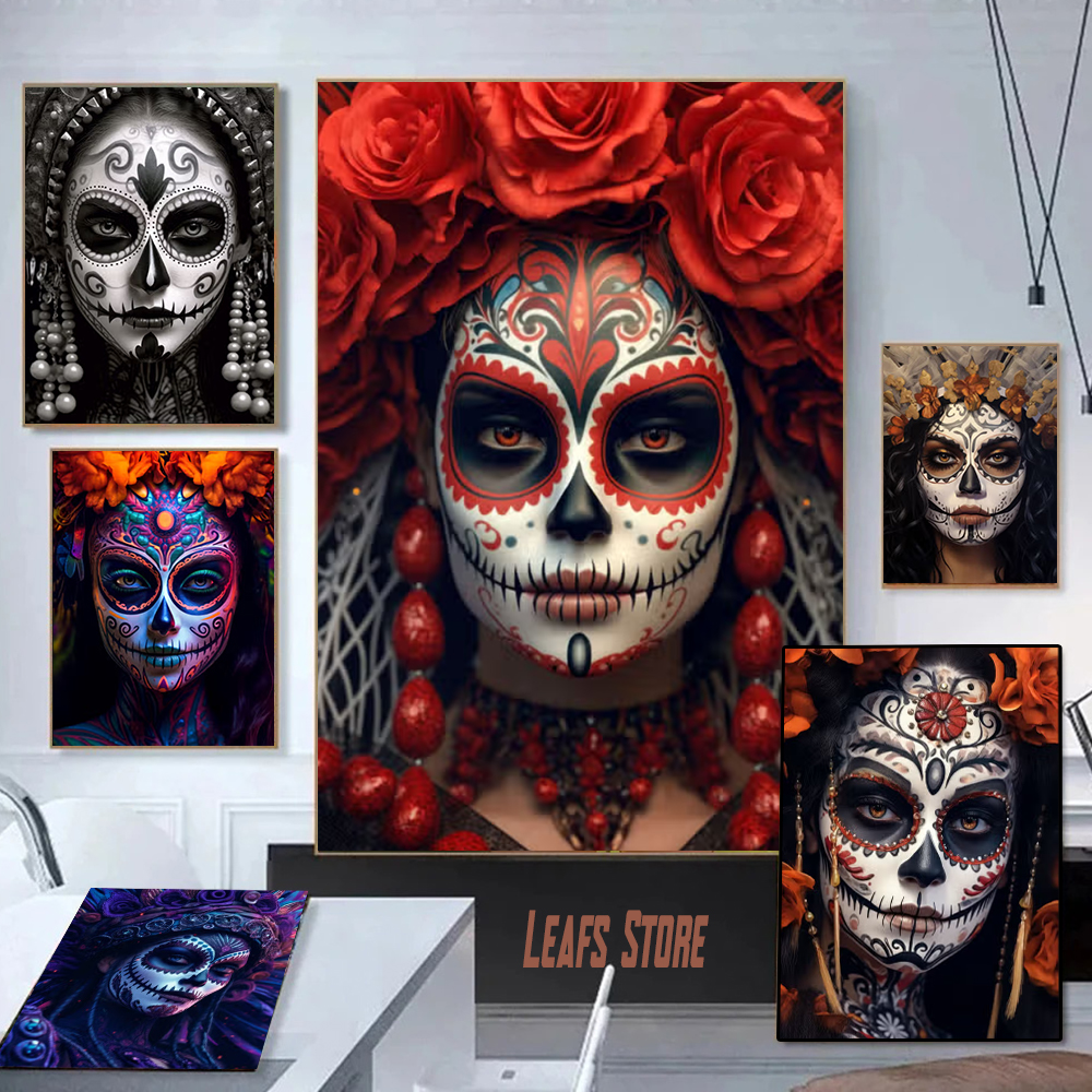 Traditional Ceremony La Catrina Skull Girls Canvas Painting Colorful Floral Figure Portrait Posters Day Of The Dead Home Decor