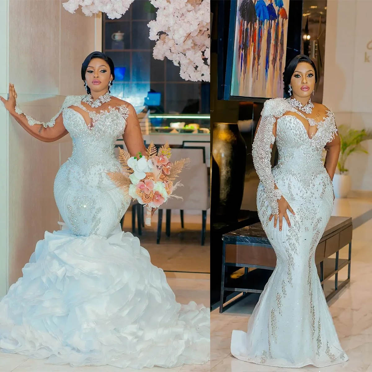 Exquisite Mermaid Wedding Dresses For Women O Neck Long Sleeves Bridal Gown Sequins Appliques Detachable Train Customized Dress vestidos de novia
