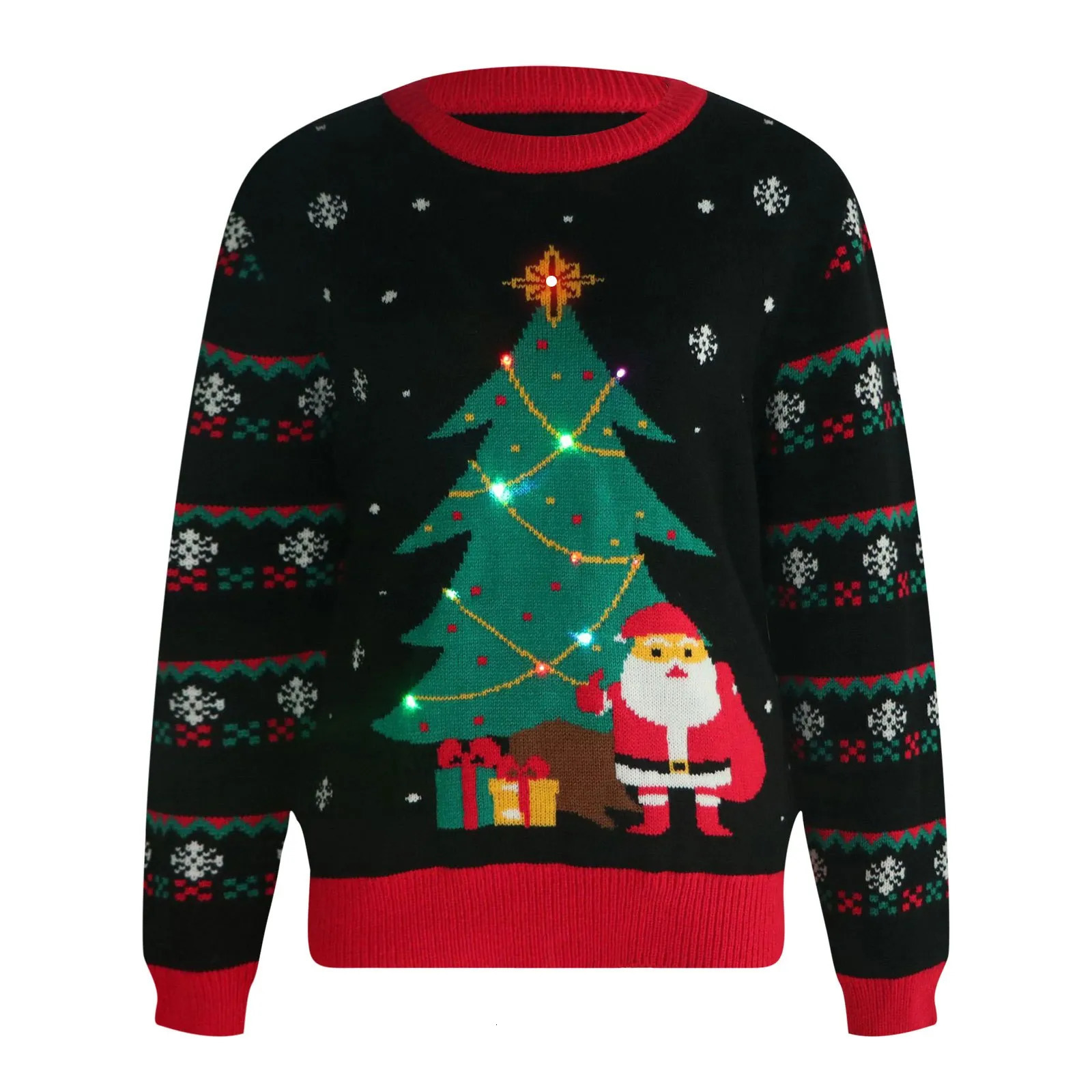 Womens round neck Christmas tree jacquard printed knitted sweater womens luminous Christmas sweater 241113