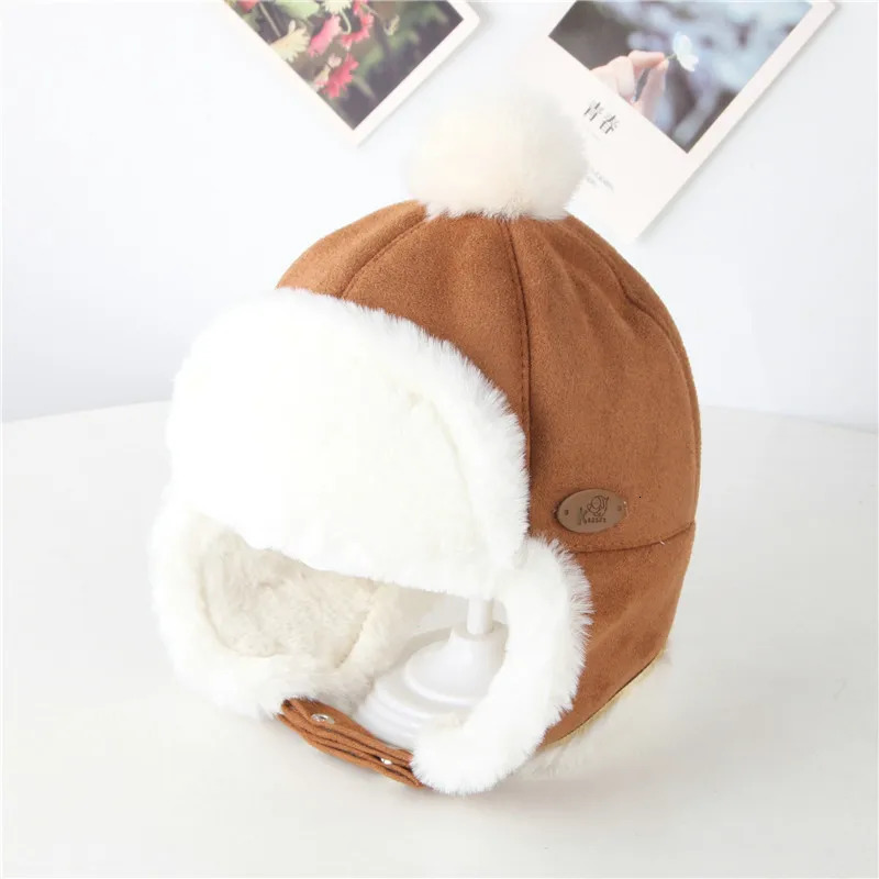 Russia Winter Kid Baby Boy Girl Hat Fur Ball Ear Thicken Warm Cap With Plush Childrens Hat Flying Cap 1 2 3 Years 241112
