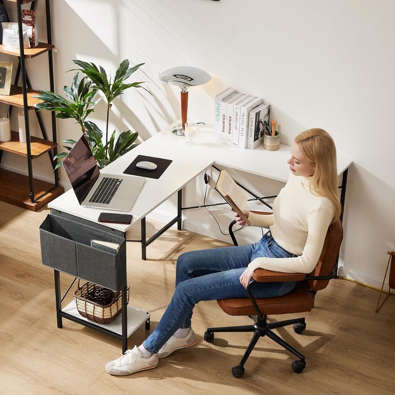 Gaming Table Corner Desk PC White Writing Desk Study Desks with Wooden Desktop CPU Stand Side Bag Reversible for Home Office