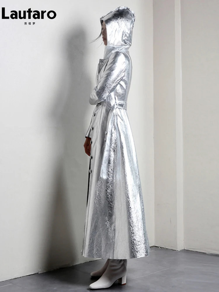 Lautaro Spring Autumn Long Cool Silver Shiny Reflective Pu Leather Trench Coat for Women with Hood Runway Fashion 241113 - view 5