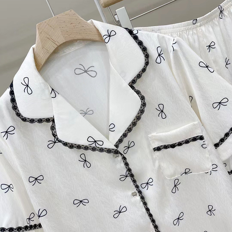 Women's Pajamas Sets Spring Summer 2 Piece Bow Print Pyjama Faux Silk Satin Sleepwear Short Sleeve Pijama Mujer Pjs Homewear