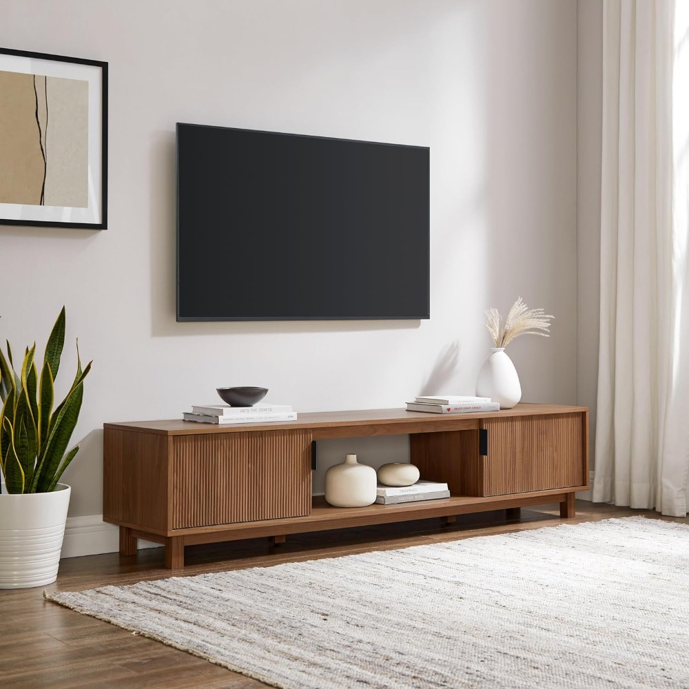 Modern Fluted-Door Low Stand for TVs Up to 80 Inches Tv Table 70 Inch Tv Stand Living Room Furniture Mocha Cabinet Stands Home
