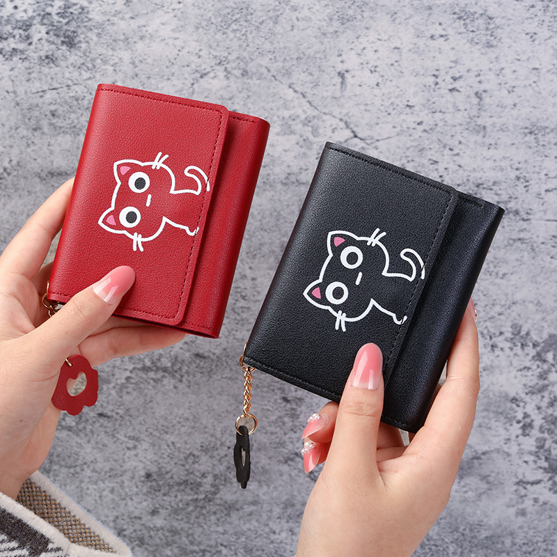 Cute Women's New Wallet Cat Short Wallet Leather Small Purse Girls Money Bag Card Holder Ladies Female Hasp 2024 Fashion smile