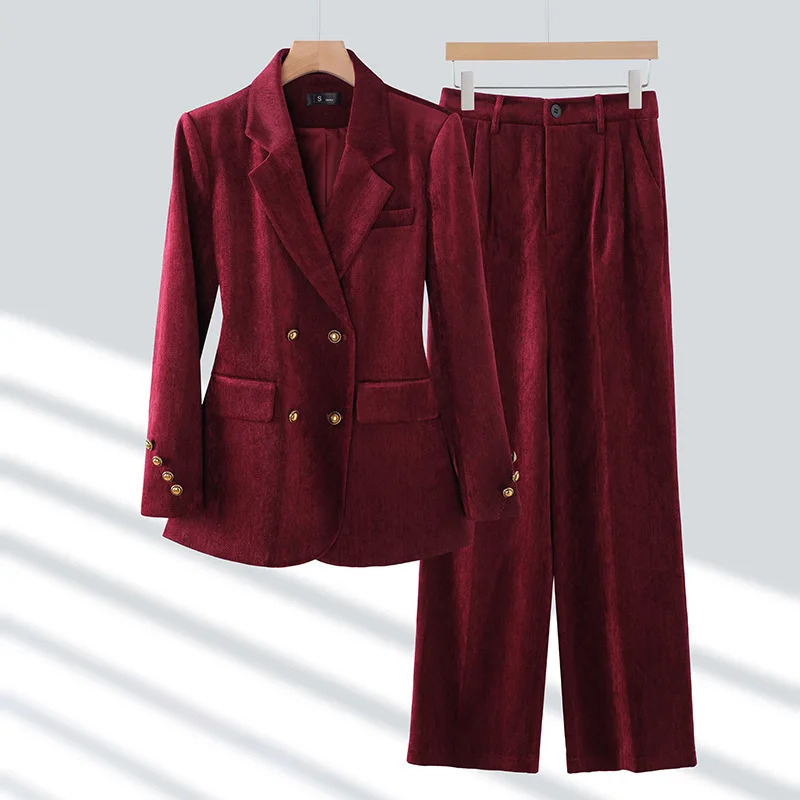Winter Women Fashion Elegant Corduroy Pantsuit Vintage Chic Blazer Jackets and Pants Two Pieces Set Female Clothes Outfits 241113
