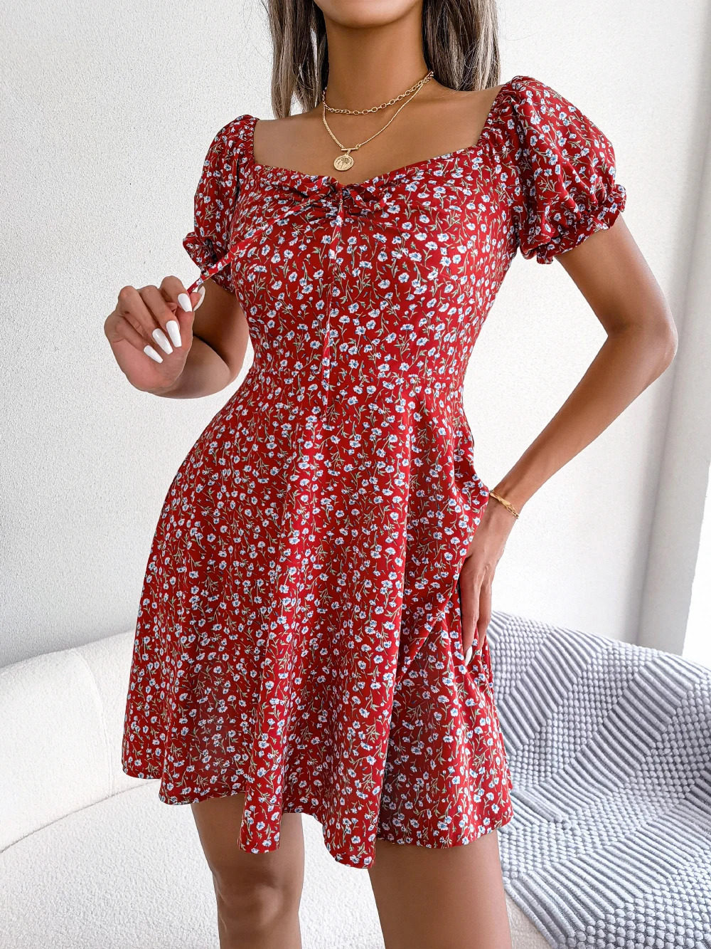 Women Casual Ruffles Short Sleeve Floral Print A Line Dress 240329
