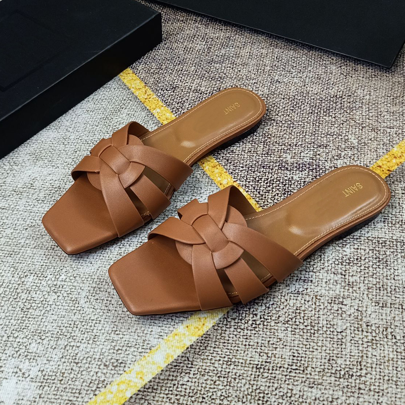 Women Tribute Designer Sandals sl Calf skin Leather Flats Slippers slides heels Brown Embossed luxury mules womens slide Slipper sliders summer beach sandal