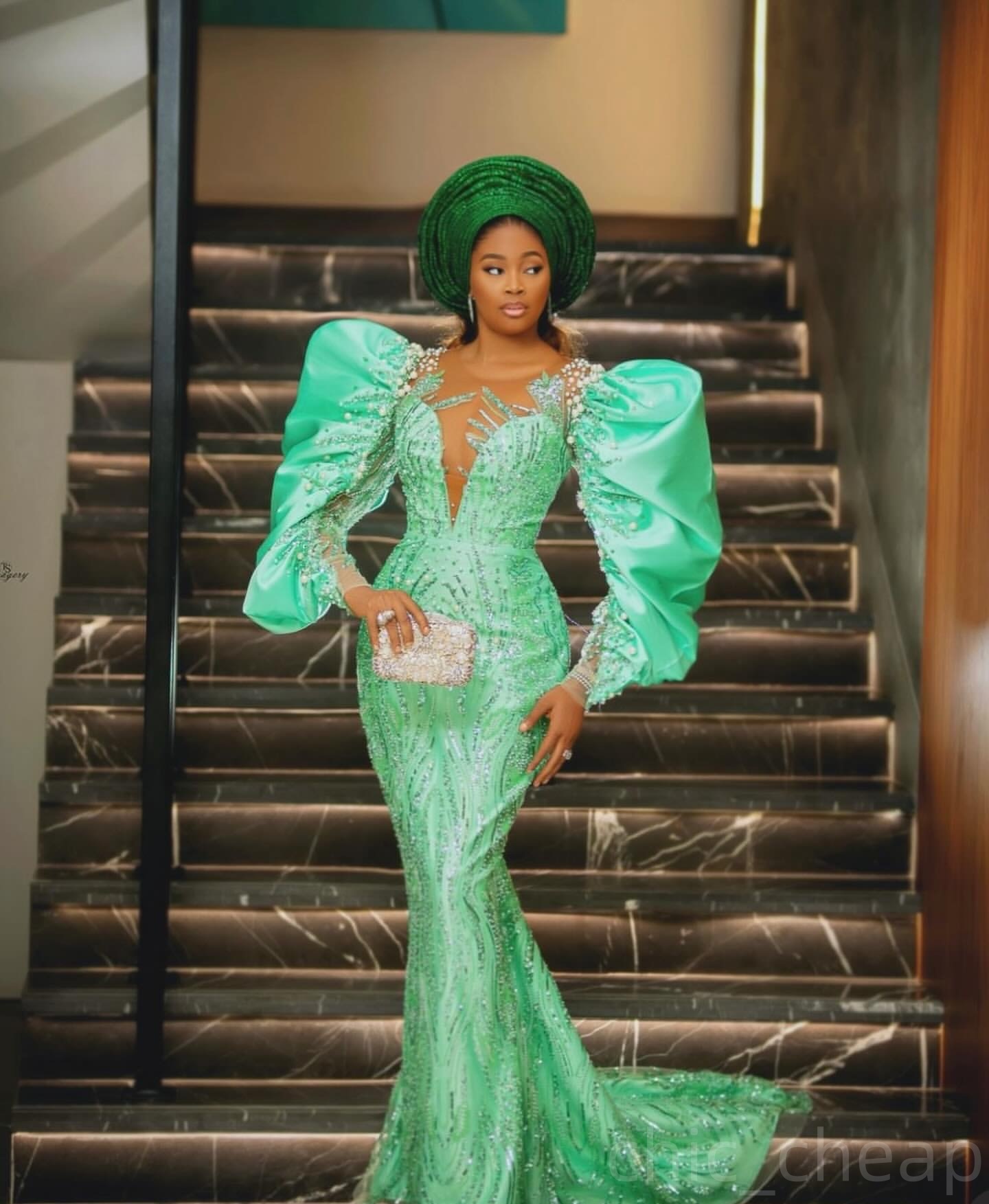 2024 Plus Size Mint Mermaid Prom Dresses For Special Occasions Sequined Lace Beaded Full Sleeves Evening Party Birthday Gowns Dress For Women Vestidos