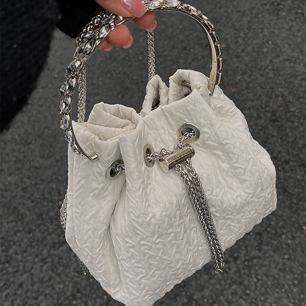 Korean Style Drawstring Bucket One-shoulder Dia Handle Chain Crossbody Bag Adjustable Oxford Pleated Handbag