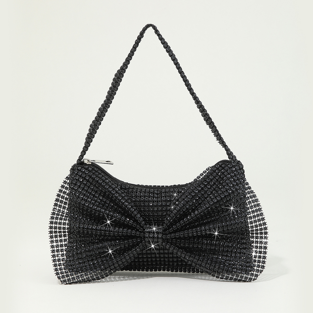 Women Elegant Shoulder Bag Solid Color Rhinestone Evening Armpit Bag Zipper Closure for Dinner Party Wedding
