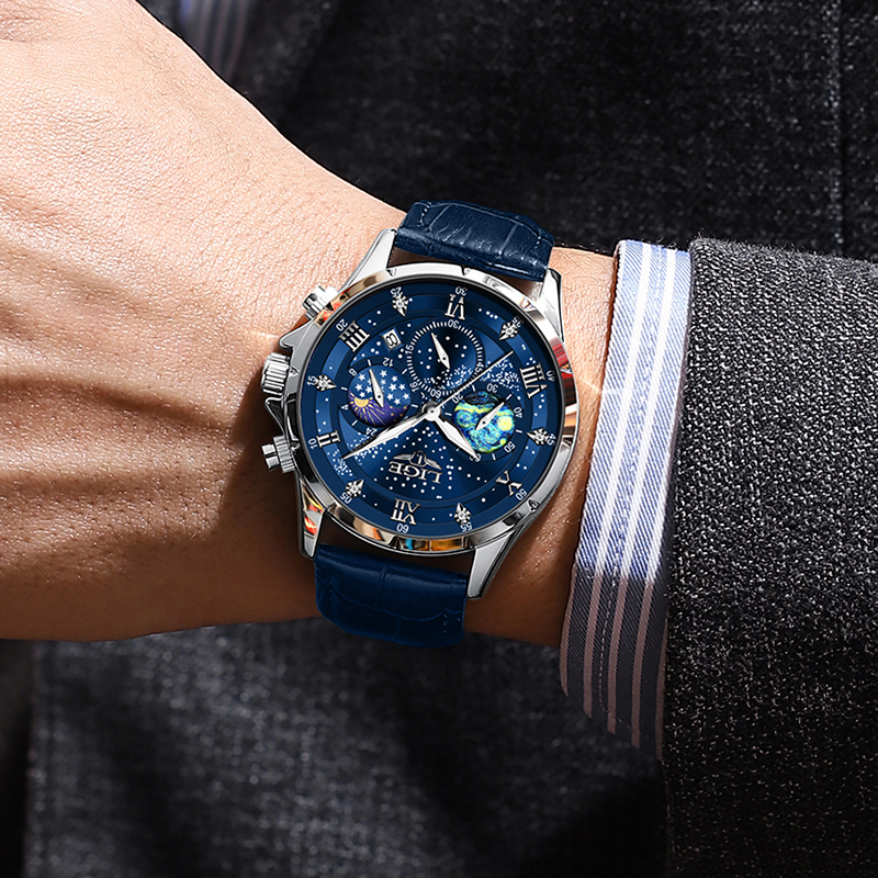 Casual Men LIGE Watches Sport Watch Men Waterproof Date Luminous Chronograph Wristwatch Male Quartz Watches Leather Clock smile