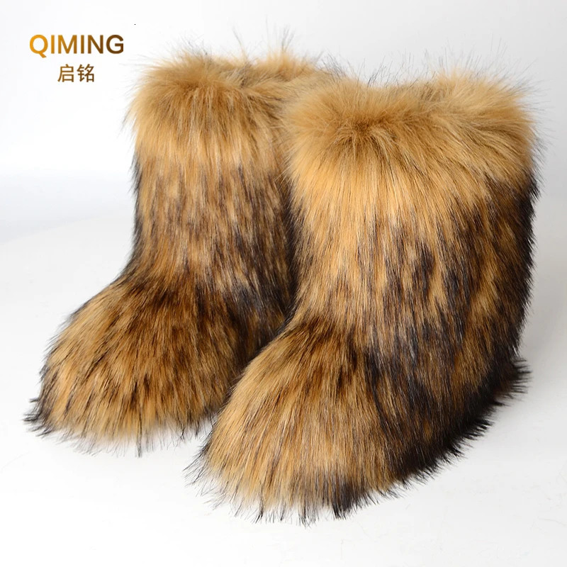 Women Faux Fur Boots Winter Fluffy Plush Warm Mid Calf Snow Boots Fashion Furry Boots Comfortable Outdoor Flat Shoes 241112