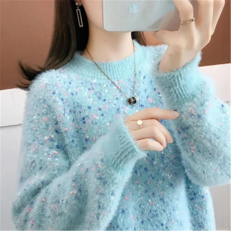 Korean womens floral womens autumn and winter sweater s mink velvet long sleeved casual bottom sweater 241113