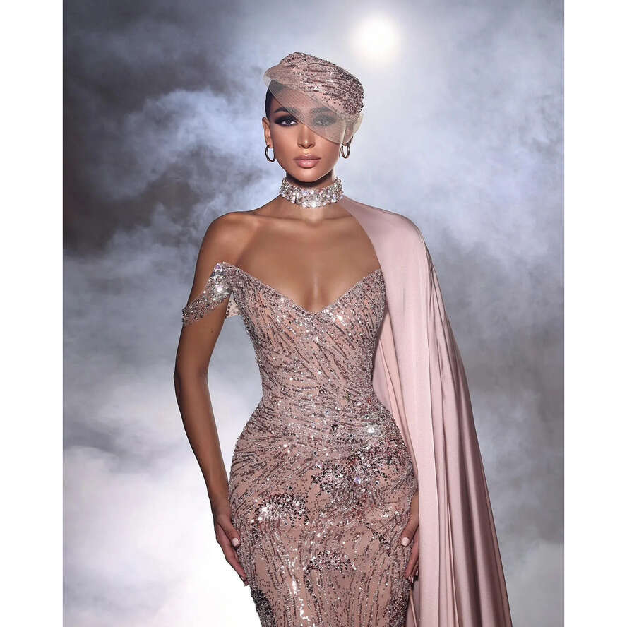 Gorgeous Pink Mermaid Evening Elegant With Wrap V Neck Prom Dress Sequins Beaded Formal Dresses For Women 0516