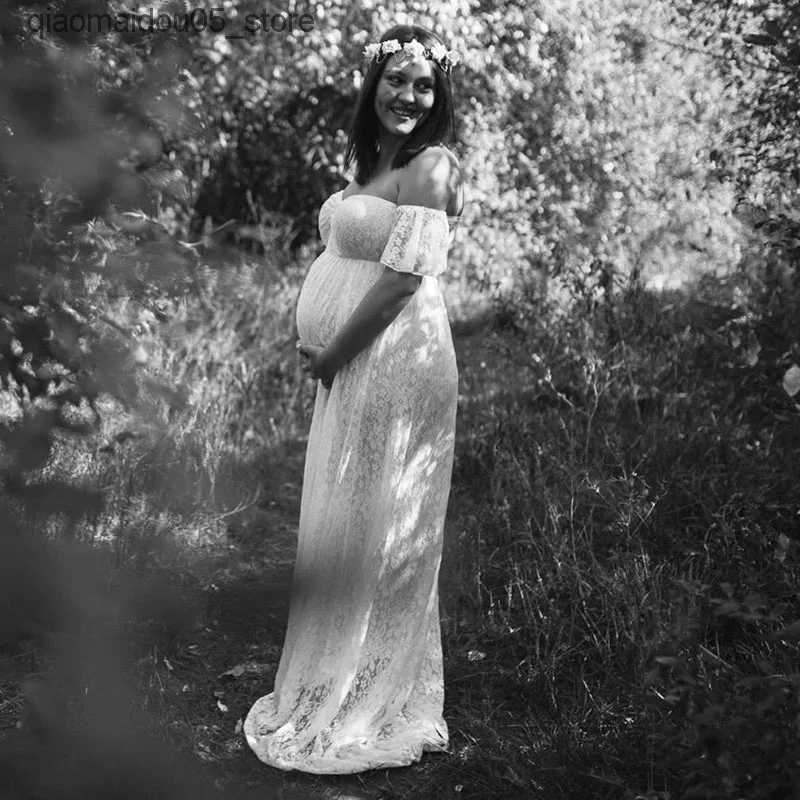 Maternity Dresses Summer Pregnant Women Wedding Photography Props Pregnant Women Clothing Shoulder Lace Party Formal Evening Dress Q240413