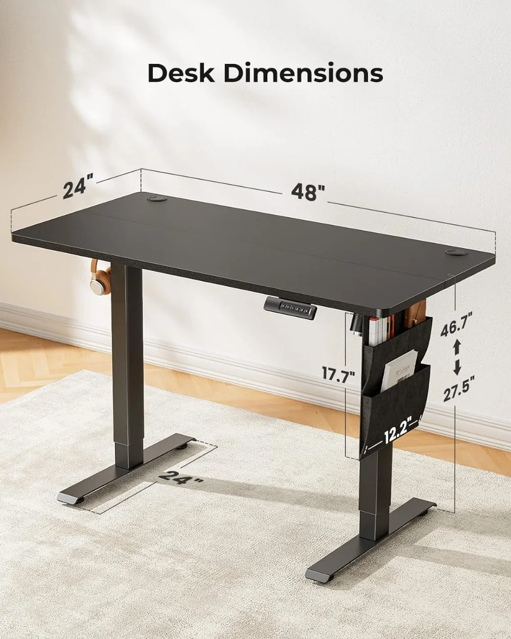 Standing Desk Adjustable Height, 48x24 Inch Electric Standing Desk with Storage Bag, Stand up Desk for Home Office Computer