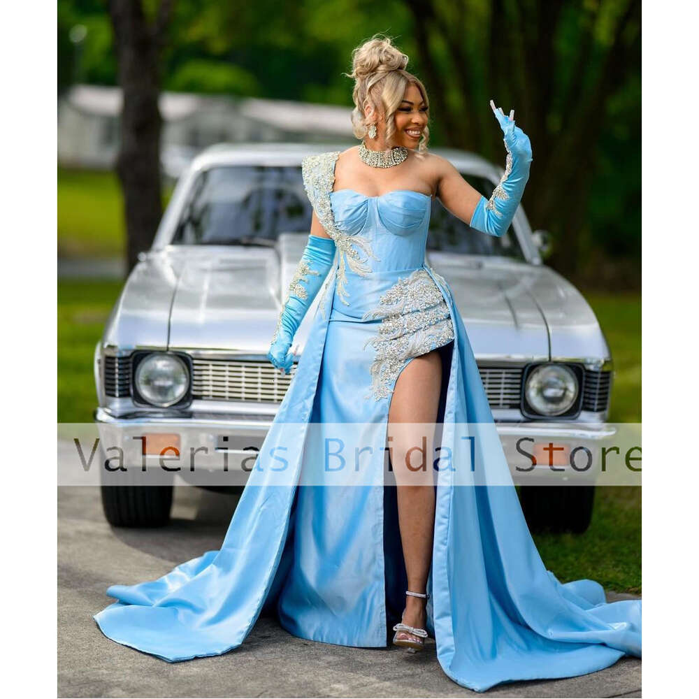 Sky Blue Mermaid Prom Dress Side Split Sequined One Shoulder Evening Dresses Elegant Celebrity Party Gown