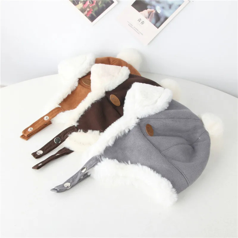 Russia Winter Kid Baby Boy Girl Hat Fur Ball Ear Thicken Warm Cap With Plush Childrens Hat Flying Cap 1 2 3 Years 241112