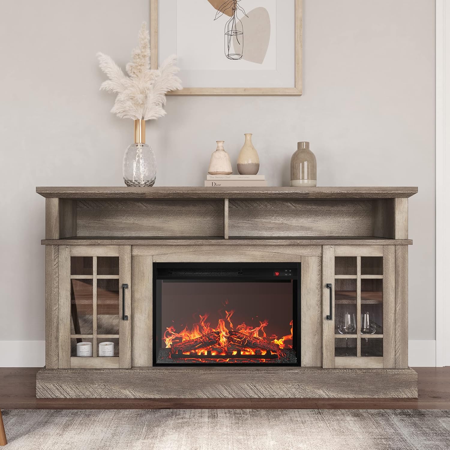 BELLEZE Traditional 58 Inch Rustic TV Stand with 23 Inch Electric Fireplace & Media Entertainment Center Console Table for