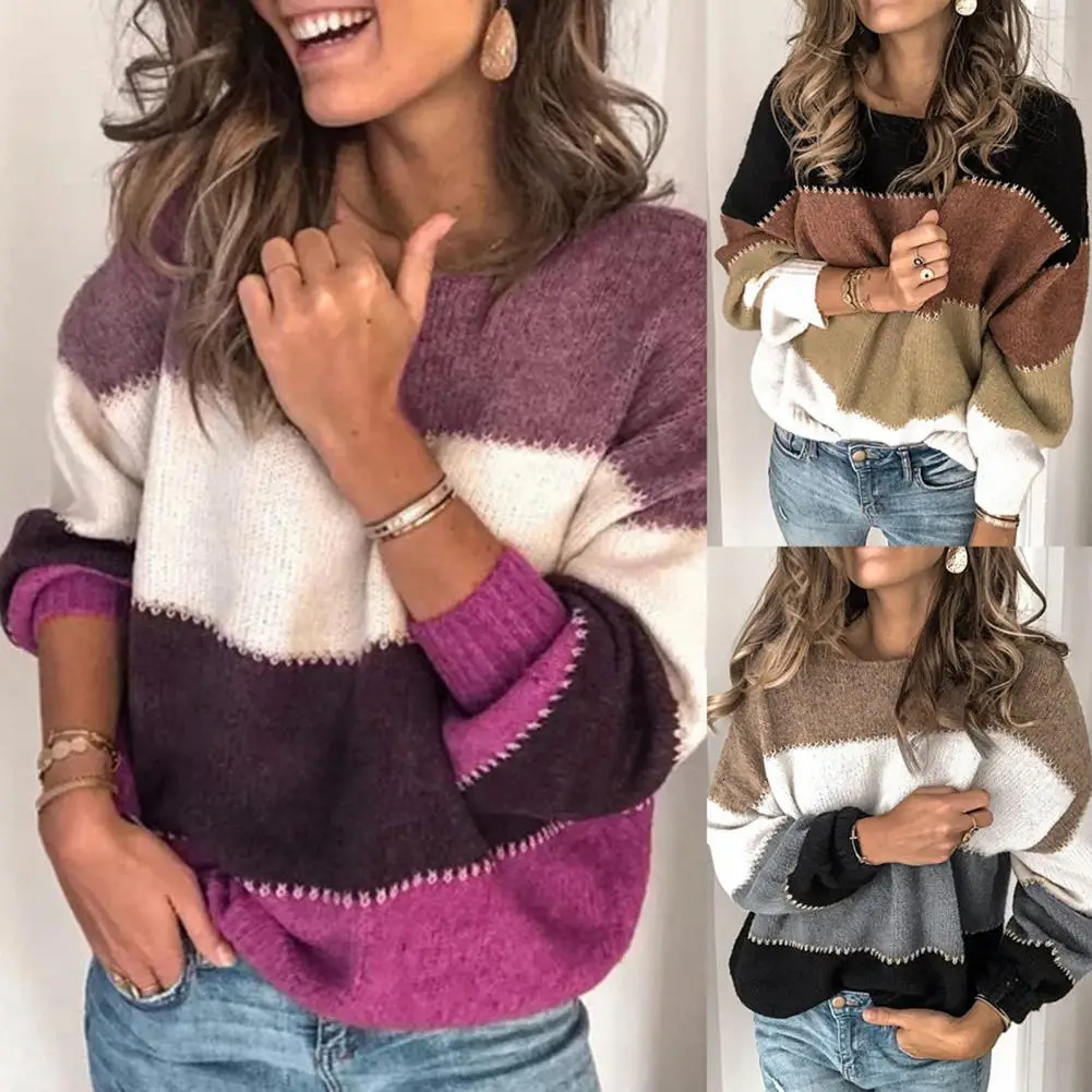 Fashionable womens striped sweater autumn and winter O-neck long sleeved sweater loose knit spliced work spliced womens shirt 241113
