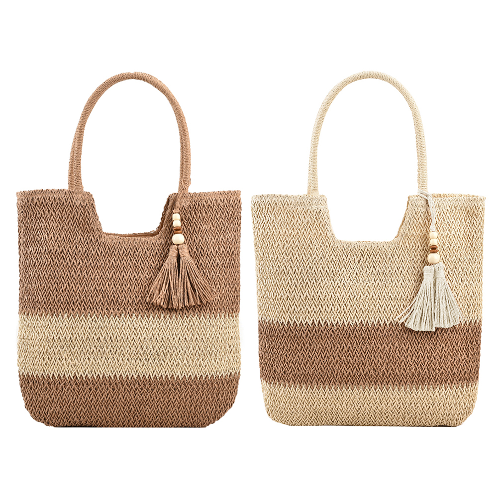 Summer Ladies Woven Tote Contrast Color with Tassels Casual Women Shoulder Bag Large-Capacity Top-handle Bag for Seaside Holiday