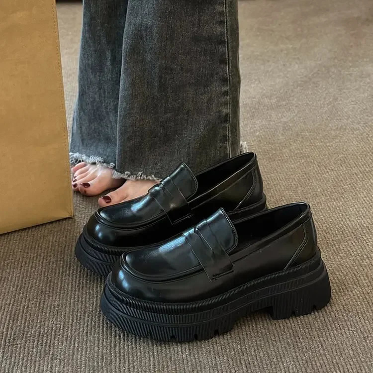 Ladies British Style Leather Shoes Black Muffin Student Single Shoes Retro All-match One Pedal Loafer Women Shoes 241112