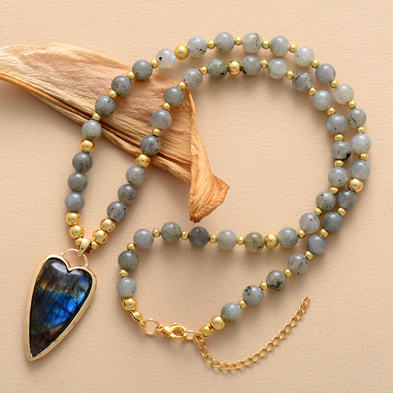 Bohemia Gems Stone Heart Pendant Necklace Women Labradorite Beaded Short Choker Necklace Boho Jewelry Femme Wholesale