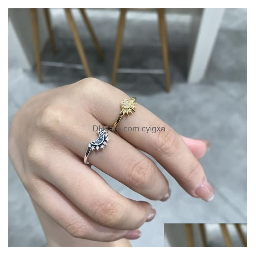 Band Rings 2Pc/Set Summer Couple Ring Set Sky Blue Sparkling Moon And Sun 2023 New Womens Stackable Finger Engagement Jewelry Drop Del Otbnw