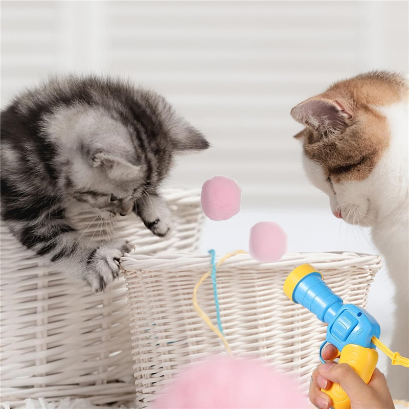 1pcs Fuzzy Ball Shooter for Cats Interactive with 100pcs Soft Pom Pom Balls Cat Ball Toy Launcher Cat Fetch Toys for Cats Kitten