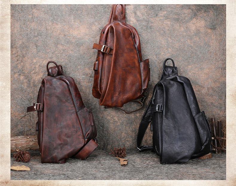 Men's Handmade Messenger Shoulder Bag Zipper Business Men Chest Pack Retro Soft First Layer Leather Vintage Style BagVoyage