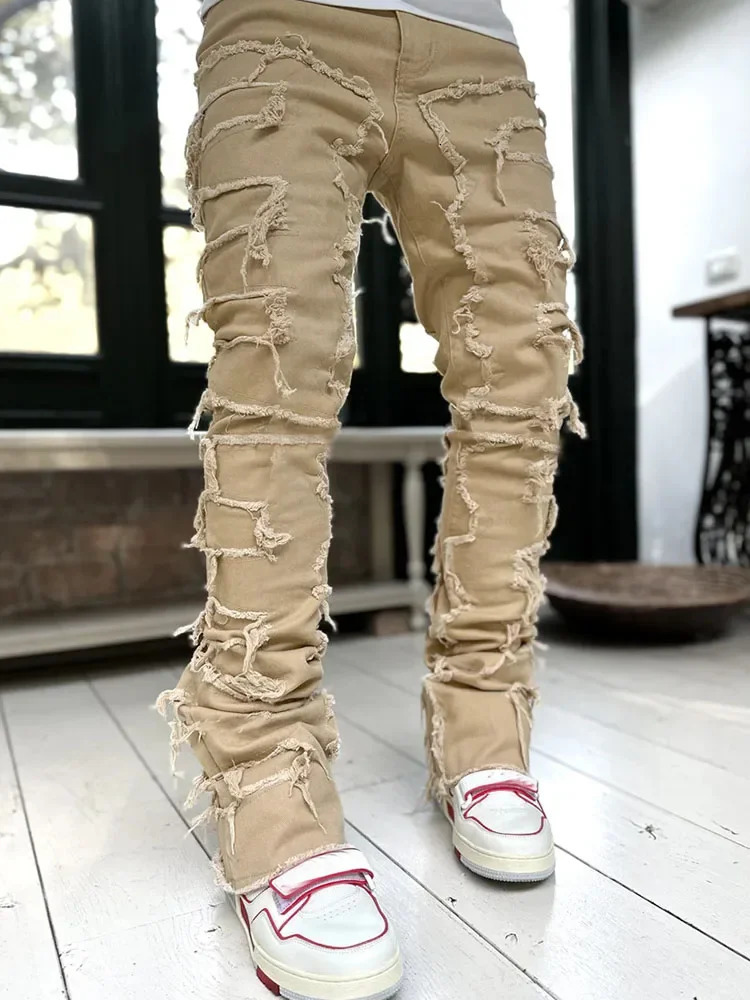 Street white mens stacked jeans with elastic splicing work fringe damaged denim full-length pants for men Hip pop Trousers 241113