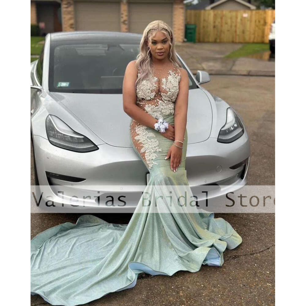 Elegant Mermaid Prom Dress For Black Girls Satin Appliques Beads Illusion Sexy Graduation Party Gowns Vestidos De Noche